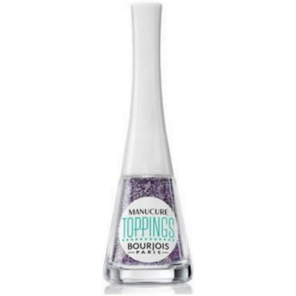 Bourjois Manicure Toppings Nail Polish in 02 Lilac Sand, featuring a clear bottle with a white cap, showcasing fine lilac glitter particles.