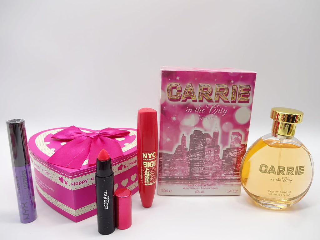 Display of Carrie in the City Perfume and Makeup Kit with NYC mascara and L’Oreal lipstick