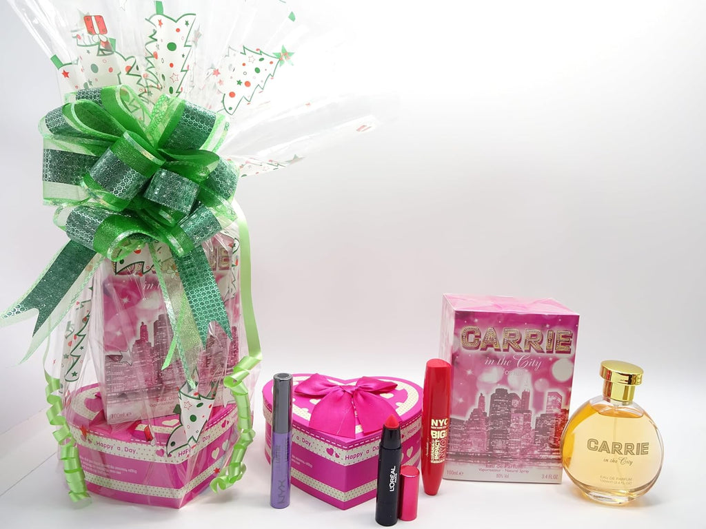 Final display of Carrie in the City Perfume and Makeup Kit with festive wrap and elegant bow, perfect for gifting