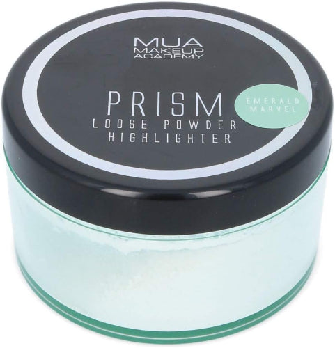 MUA Prism Loose Powder Highlighter Emerald Marvel, 5g jar with black lid and green loose shimmer powder, lightweight formula for radiant glow and luminous emerald-toned highlight