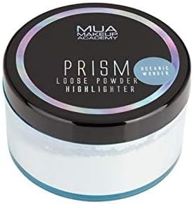 MUA Prism Loose Powder Highlighter Oceanic Wonder in closed black lid jar with holographic text