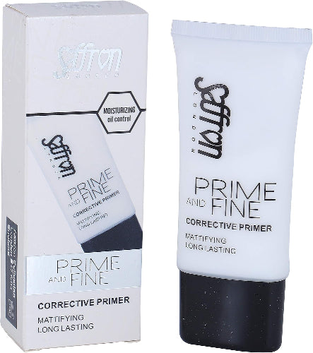 Saffron London Prime & Fine Corrective Primer with mattifying long-lasting formula, shown with outer box packaging and squeeze tube for moisturising and oil control.