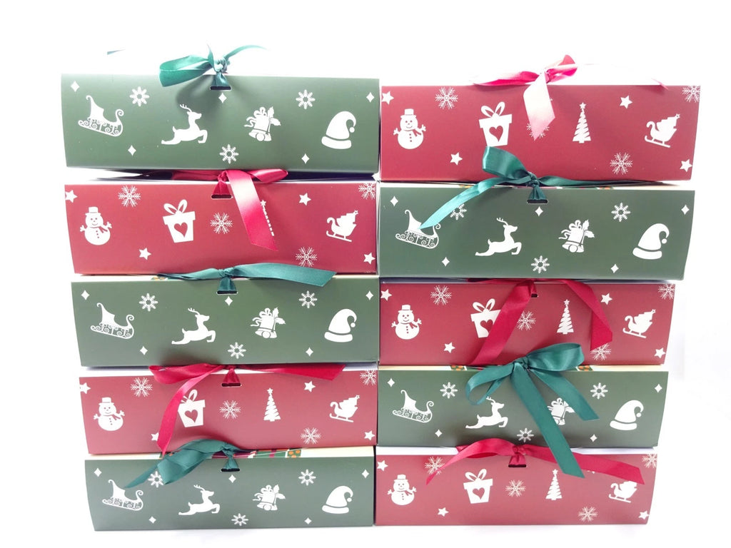 Front display of multiple Christmas makeup cracker gift boxes ready for gifting