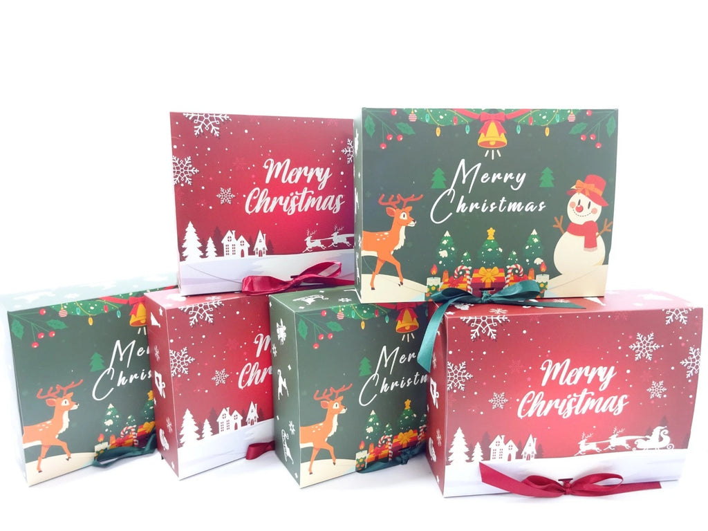 Assorted festive Christmas crackers featuring Santa, reindeer, penguin, and snowman designs