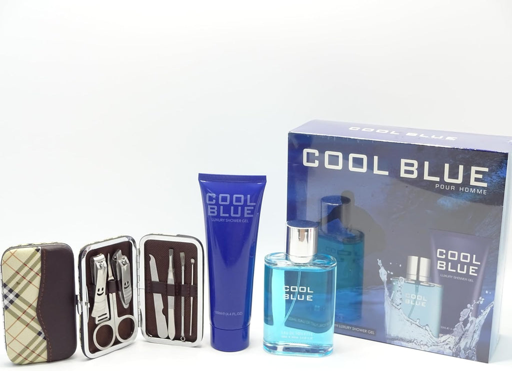 Gift set packaging with Cool Blue design, perfectly complemented with luxurious items for men.