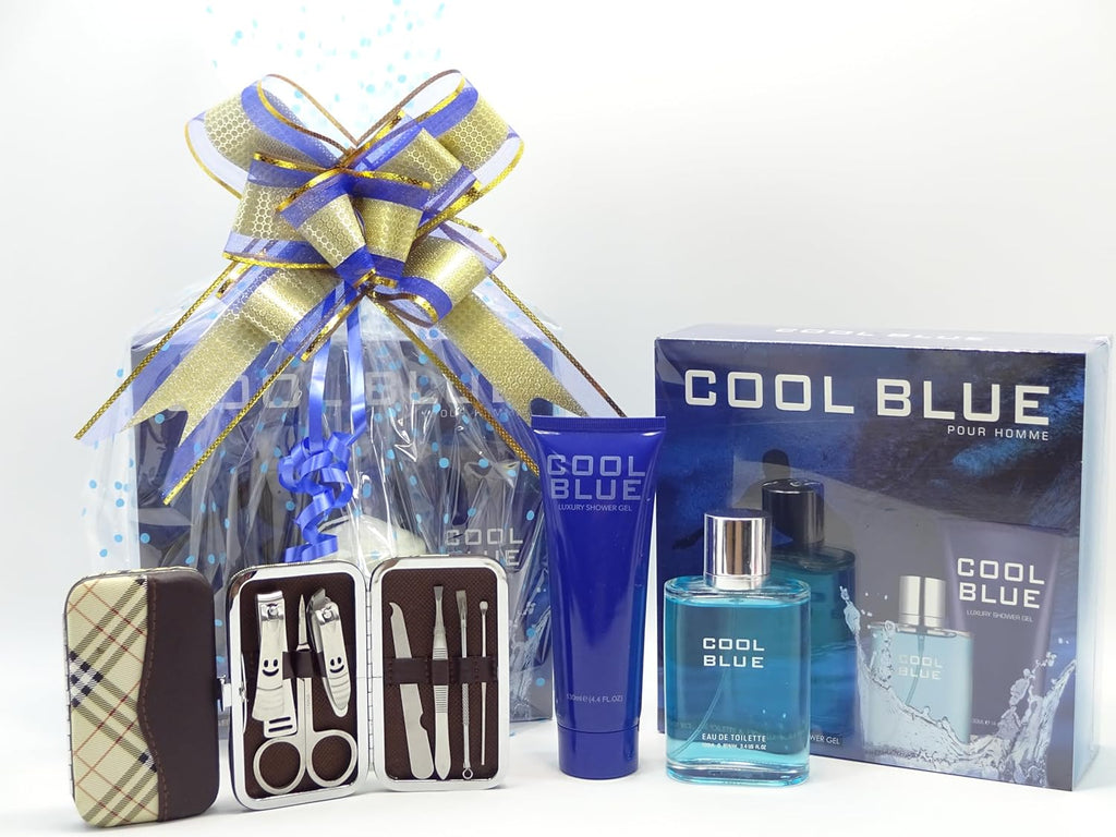 Luxurious gift set featuring Cool Blue fragrance, shower gel, and manicure tools in a beautifully wrapped hamper.