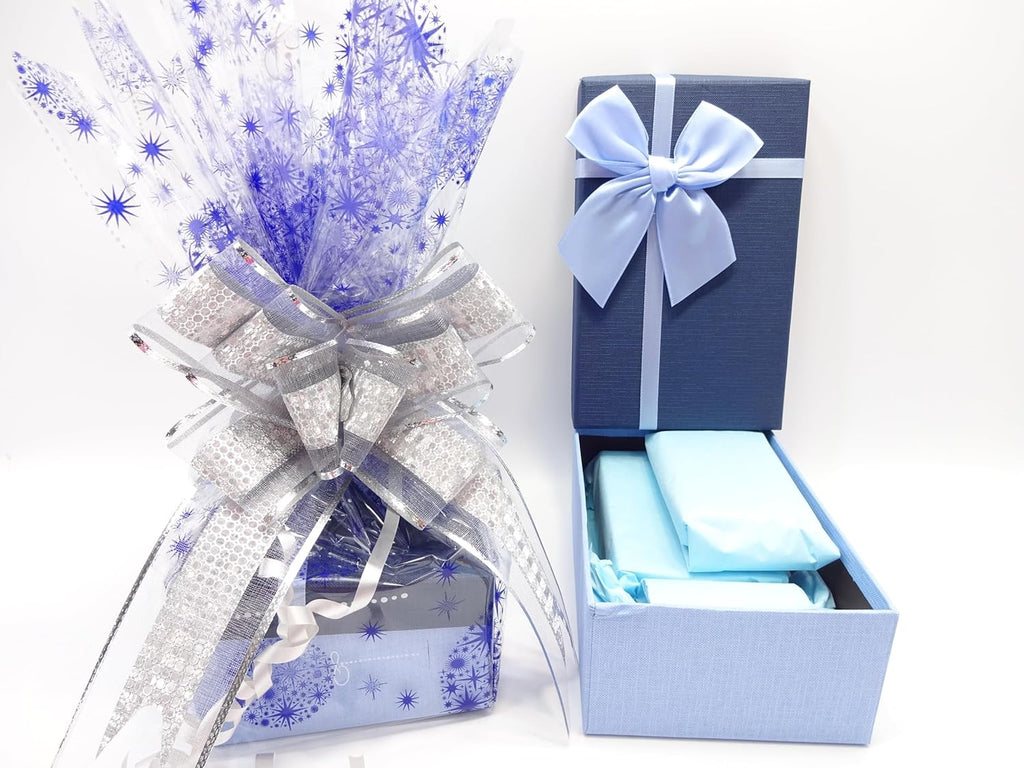 Stylishly wrapped Cool Blue gift set alongside opened gift box with ribbon