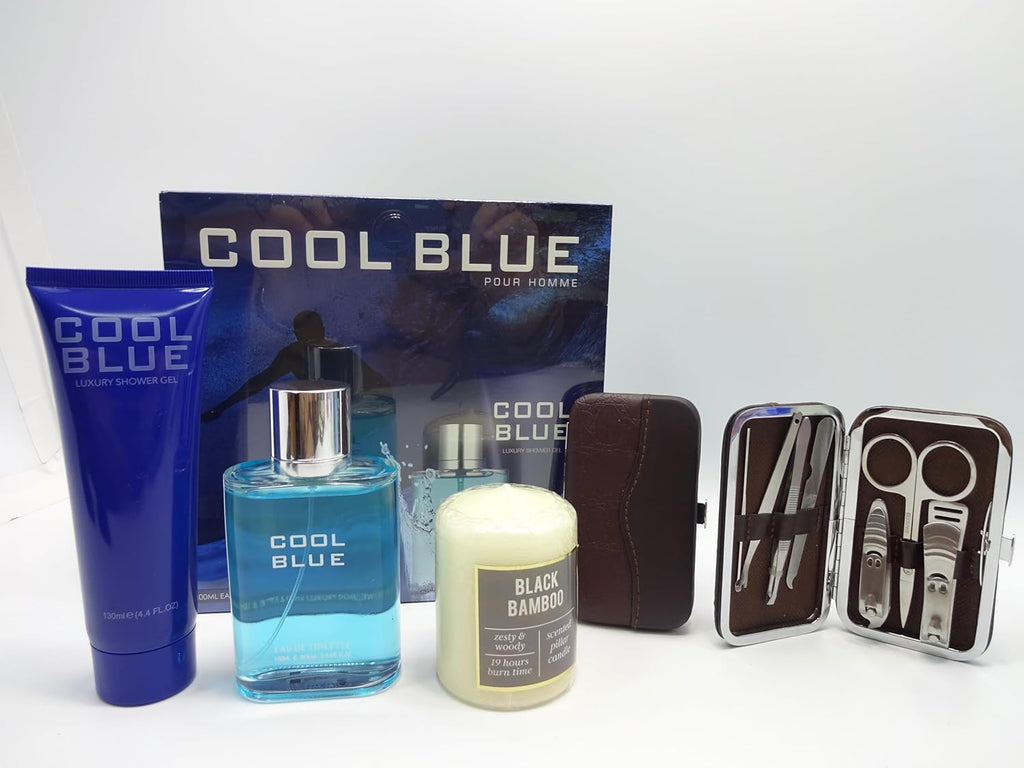 Cool Blue gift set display with luxury shower gel, perfume, manicure set, and scented candle, showing intricate wrapping details.