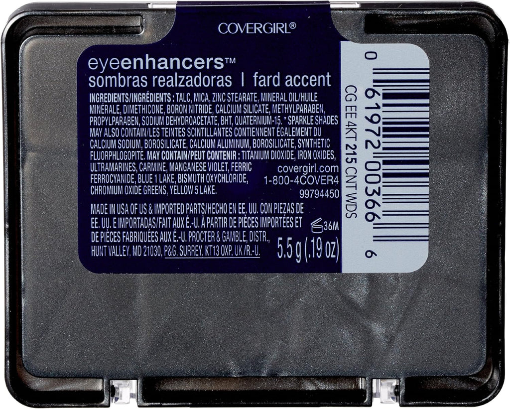 Back view of CoverGirl Eye Enhancers 215 Country Woods showing full ingredients and product details