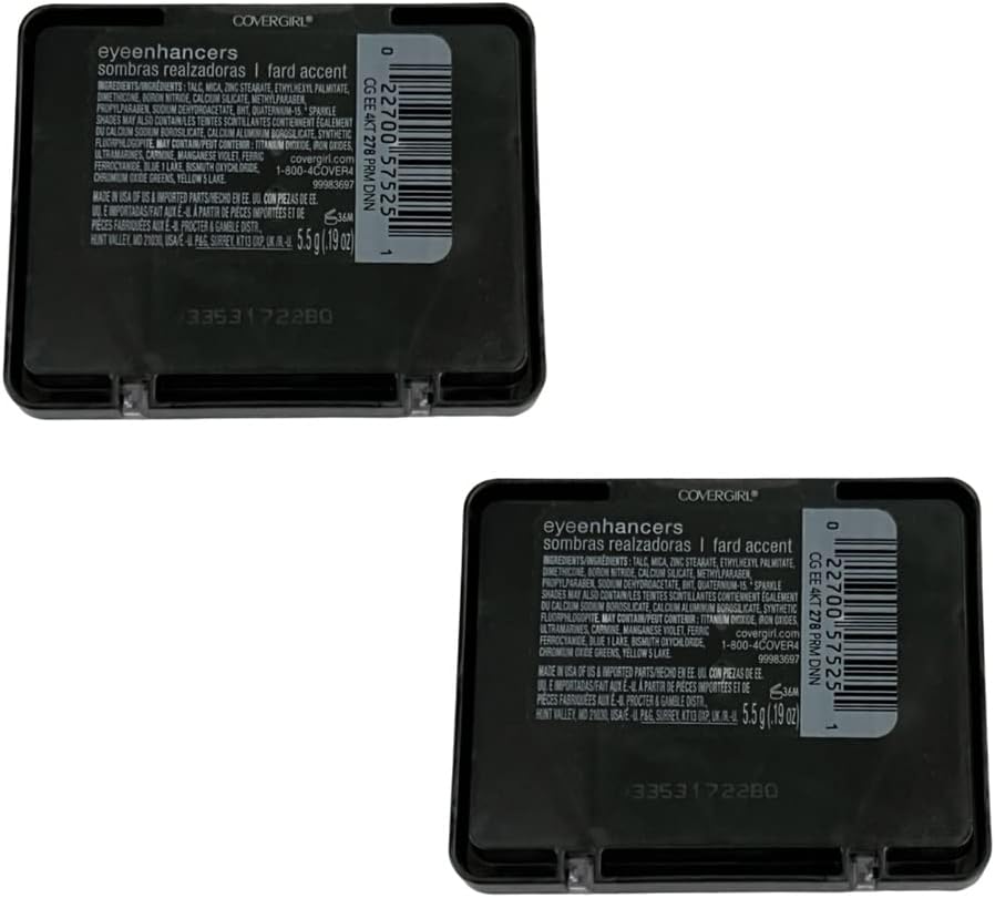 Back label of CoverGirl Eye Enhancers Eye Shadow #278 Prima Donna showing ingredients and barcode