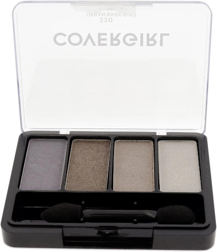Open case of CoverGirl Eye Enhancers Urban Basics 220 eyeshadow kit showing four blendable shades with applicator