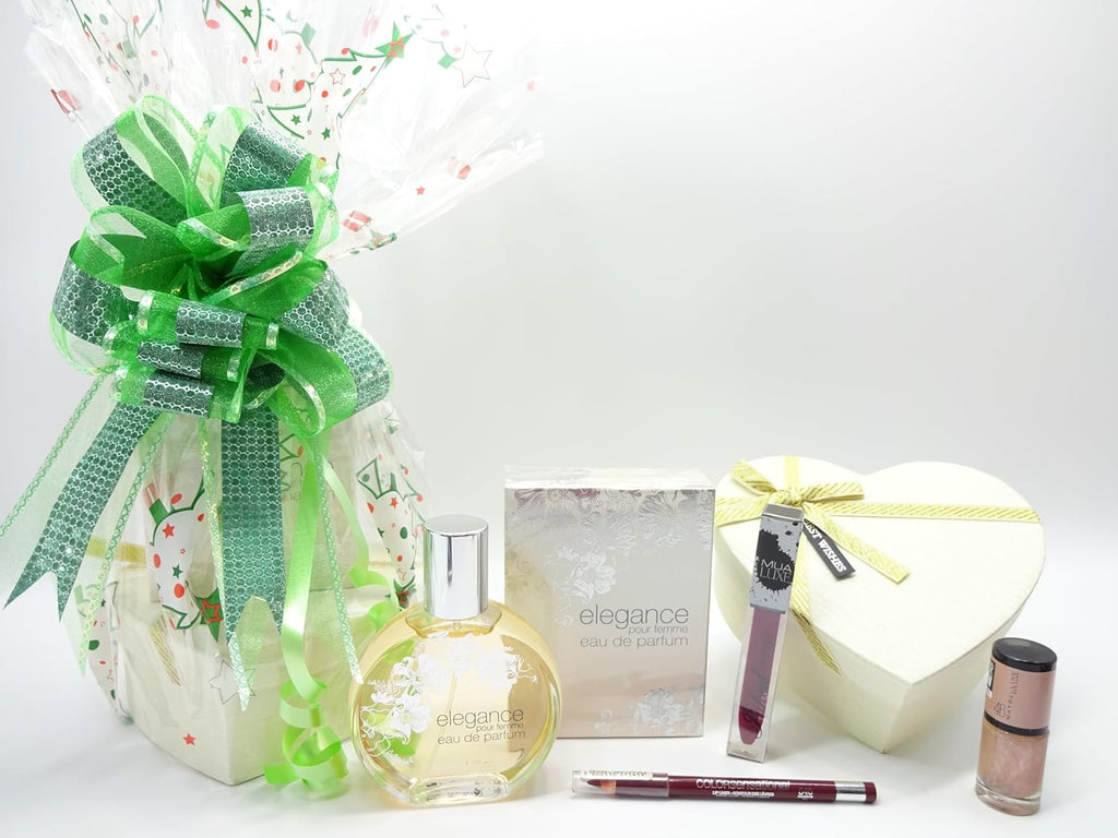  Contents of the Elegance For Her perfume and makeup gift set including lipstick, perfume, and nail polish.