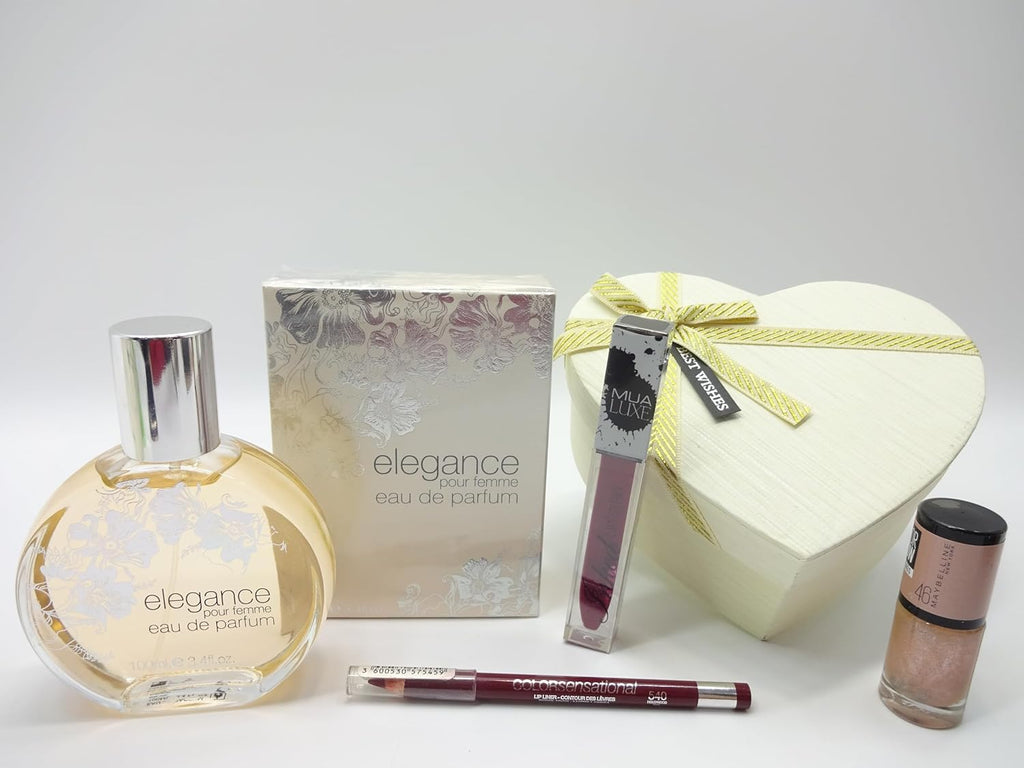 A heart-shaped gift box containing Elegance perfume, makeup items, and nail polish.