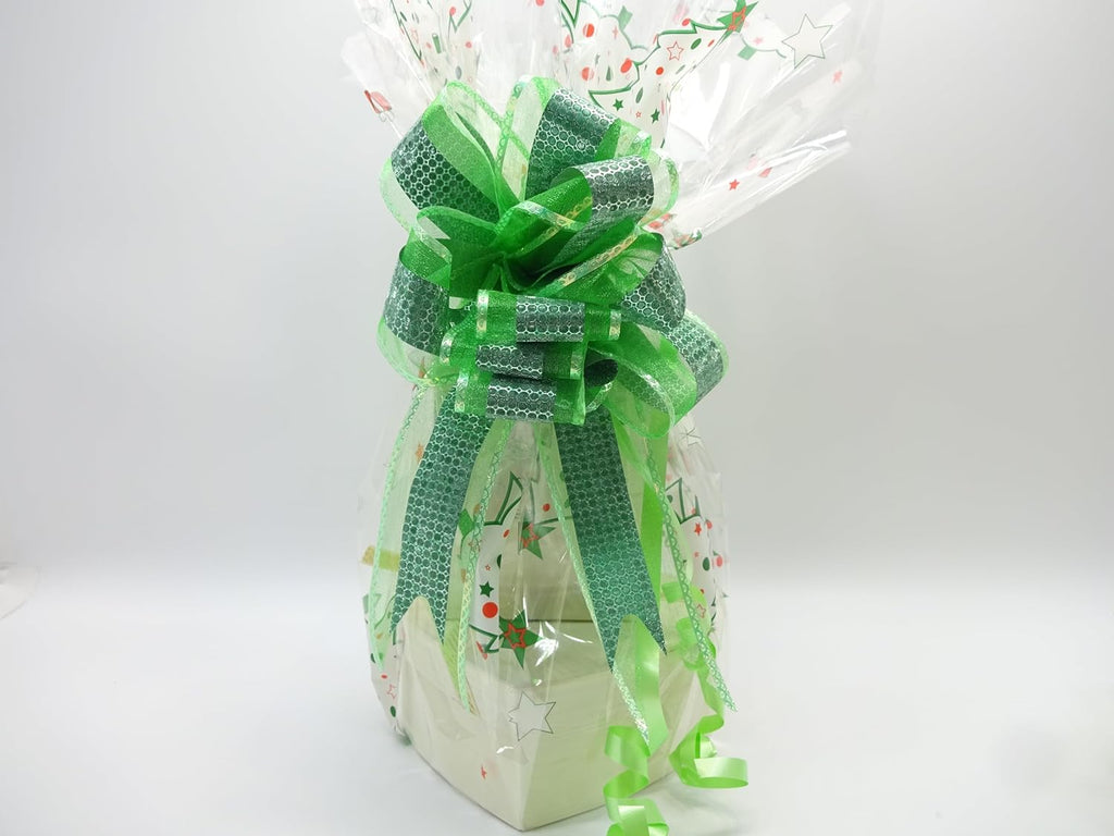 Elegance For Her gift hamper wrapped in festive green cellophane with a large green bow.