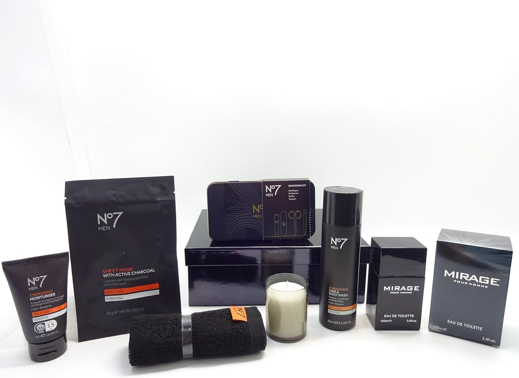 Final full setup of wrapped hamper with contents neatly displayed including grooming set, EDT, and skincare
