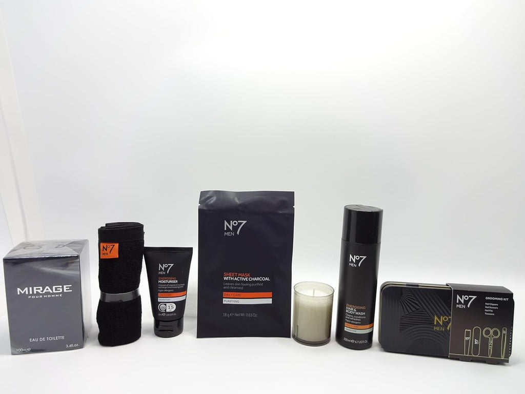 Complete display of open grooming kit, Mirage fragrance, No7 products and candle on glossy black box