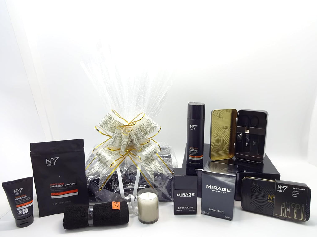Front view of No7 gift set items including grooming kit, Mirage EDT, and Energising Duo with scented candle