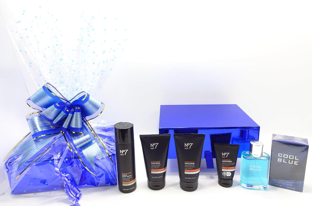 Stunning display of fully wrapped hamper, all No7 Men grooming items, and Cool Blue EDT perfume