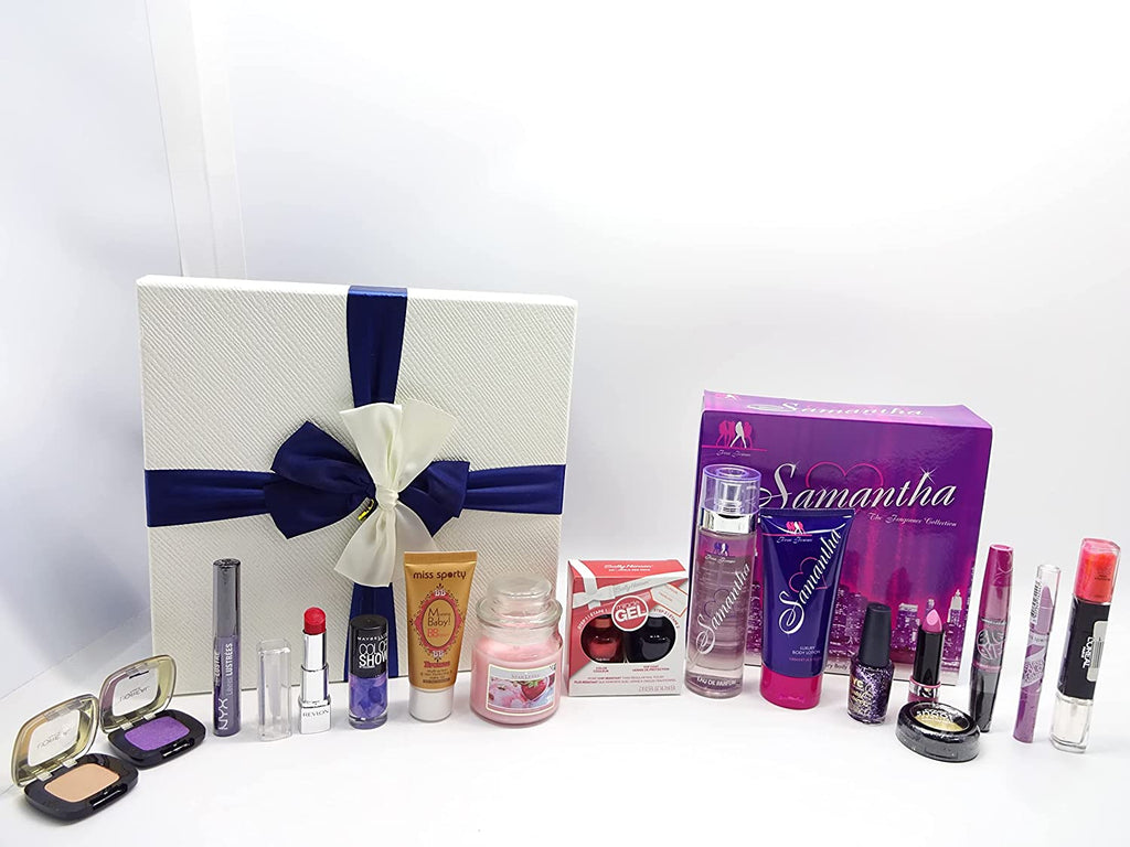 Complete beauty bundle featuring Samantha perfume, candle, and makeup essentials for women.