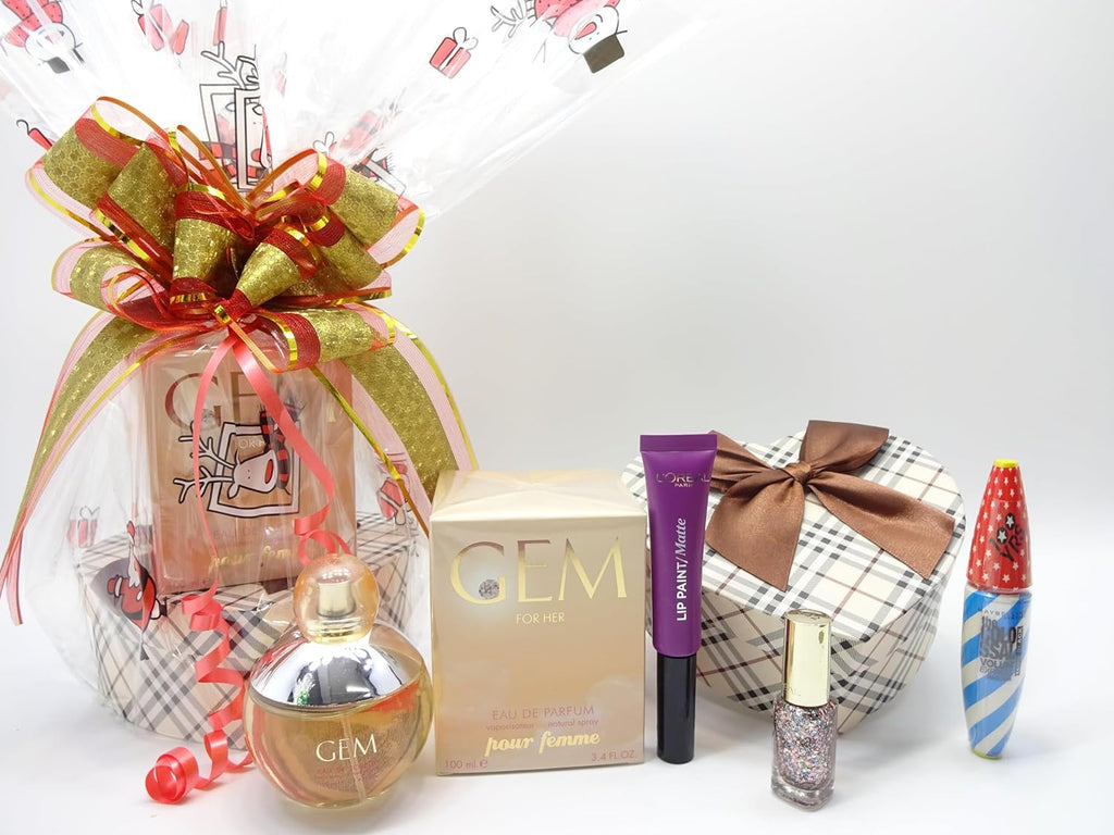 Complete GEM For Her Perfume and Makeup Kit Gift Hamper, featuring a mix of makeup products and perfume, elegantly presented.