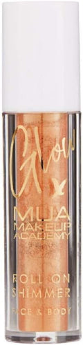 Glow X MUA Roll On Eye Shimmer in Desert Shimmer shade with golden bronze tones, roll-on applicator for face and body glow