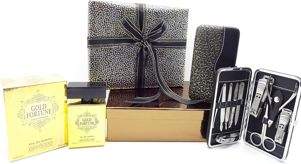 Luxury gold gift set with Gold Fortune 100ML EDT and 10-piece manicure kit