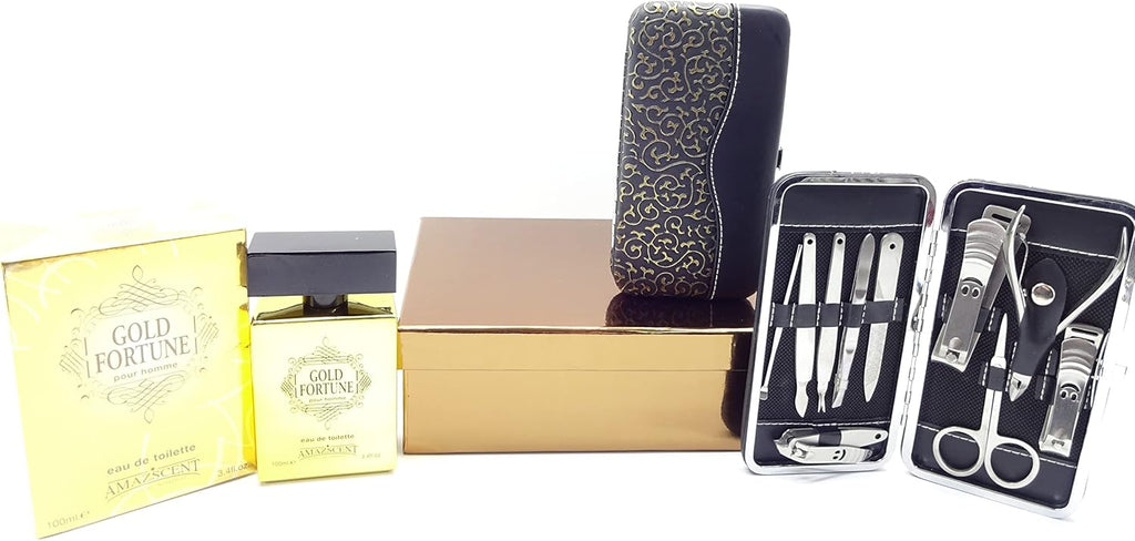 Close-up of Gold Fortune 100ML EDT with detailed manicure kit in black and gold gift box