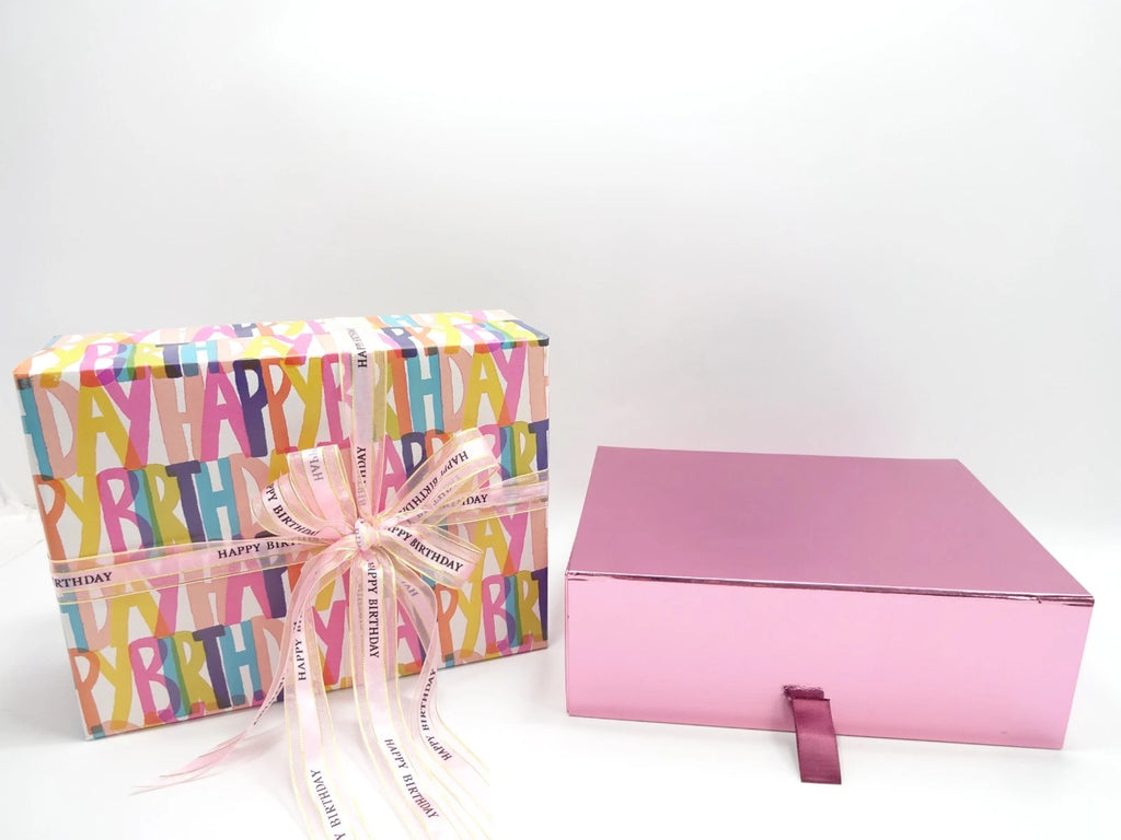 Closed Happy Birthday gift box with colorful design and pink ribbon