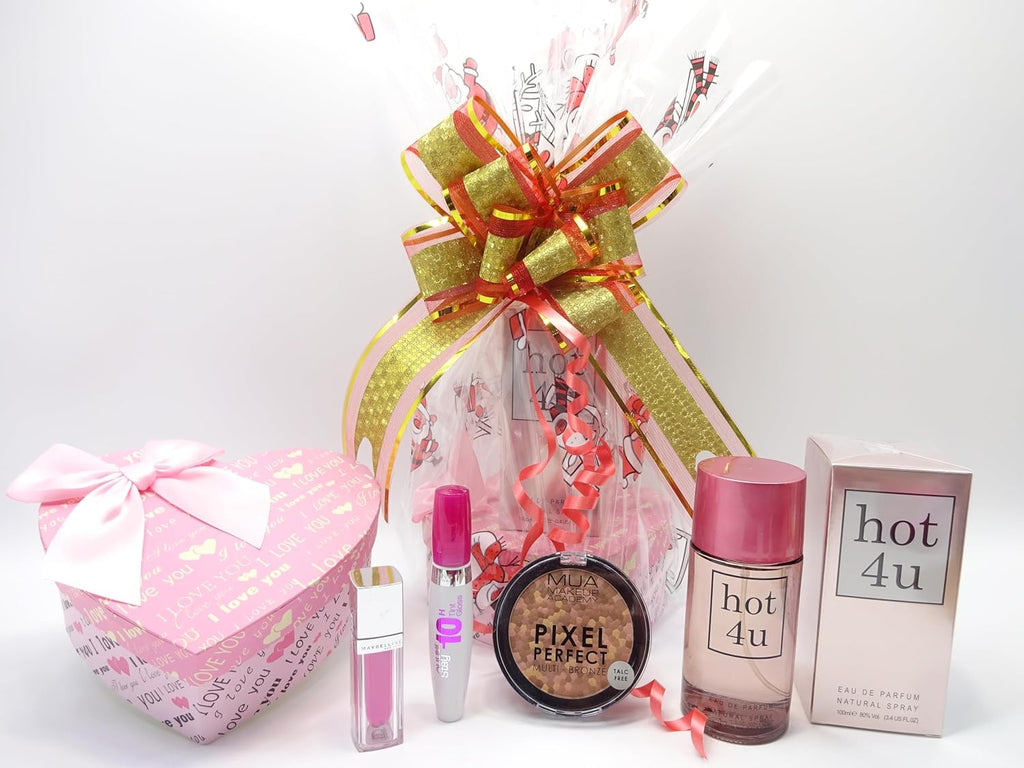 Complete Hot 4U gift hamper contents including perfume, makeup products, and pink heart-shaped box