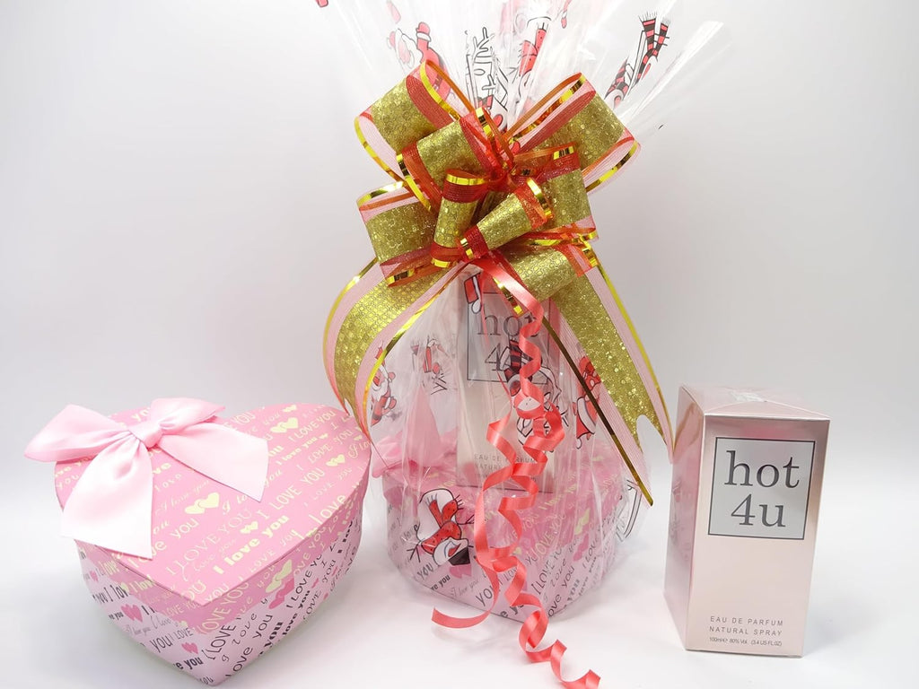 Hot 4U Perfume and makeup set, displayed with packaging and heart-shaped box