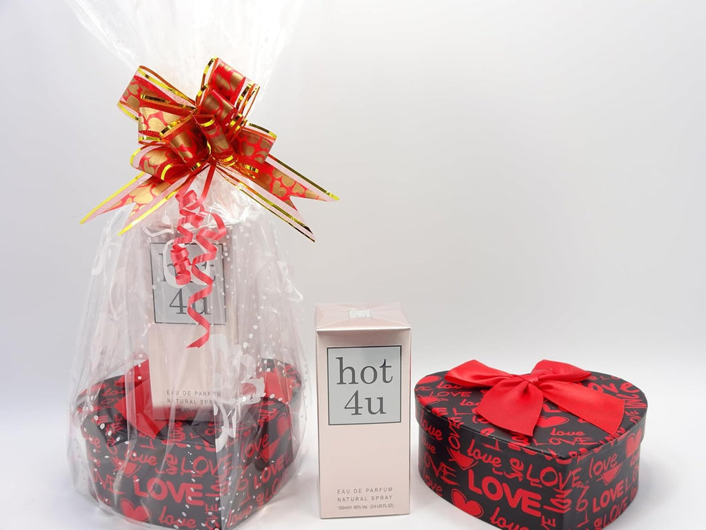 Hot 4u perfume gift box alongside 6-piece makeup kit in black and red heart-shaped gift box