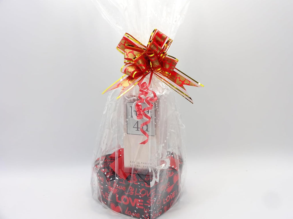 Hot 4u perfume and makeup kit in gift-wrapped presentation with red and gold ribbon