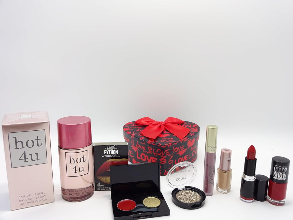 Closeup of Hot 4u perfume and 6-piece makeup kit with heart-shaped box and red bow