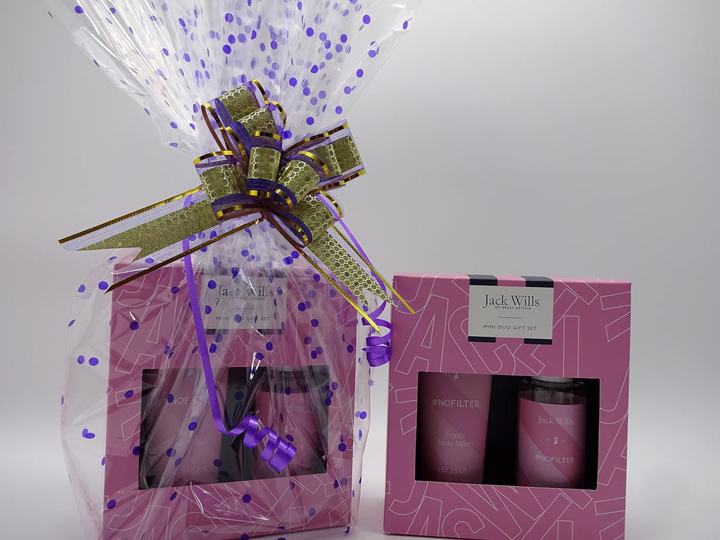 Close-up view of Jack Wills Body Care Gift Set packaging and individual items, including body spray and body wash