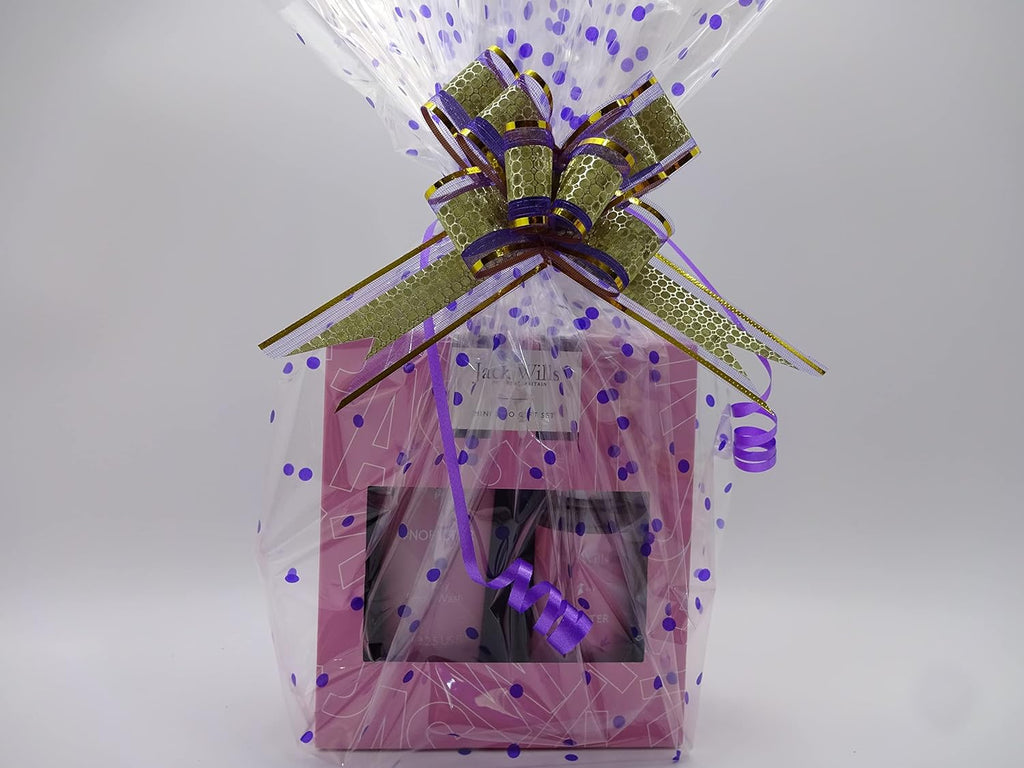 Jack Wills Body Care Gift Set Hamper wrapped in decorative cellophane with a purple and gold bow