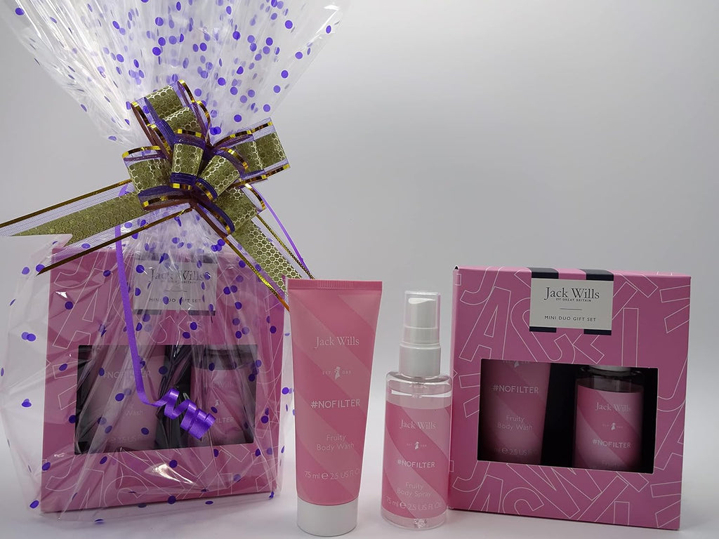 All items from the Jack Wills Body Care Gift Set, showcasing the #NOFILTER fruity body wash and body spray