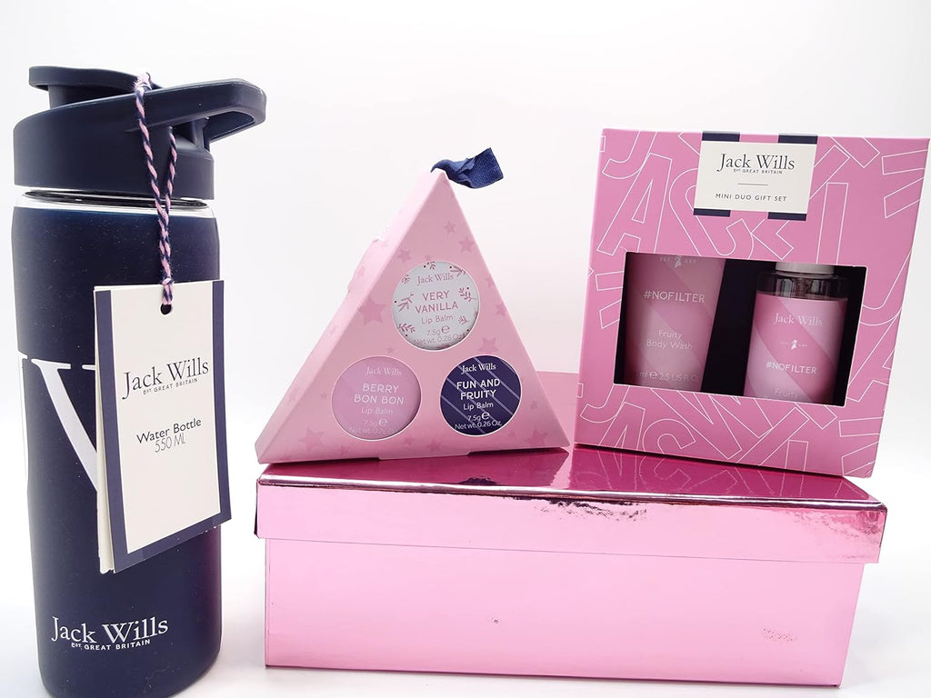 Close-up of Jack Wills mini duo set with fruity body spray and fruity body wash in a pink and white box.