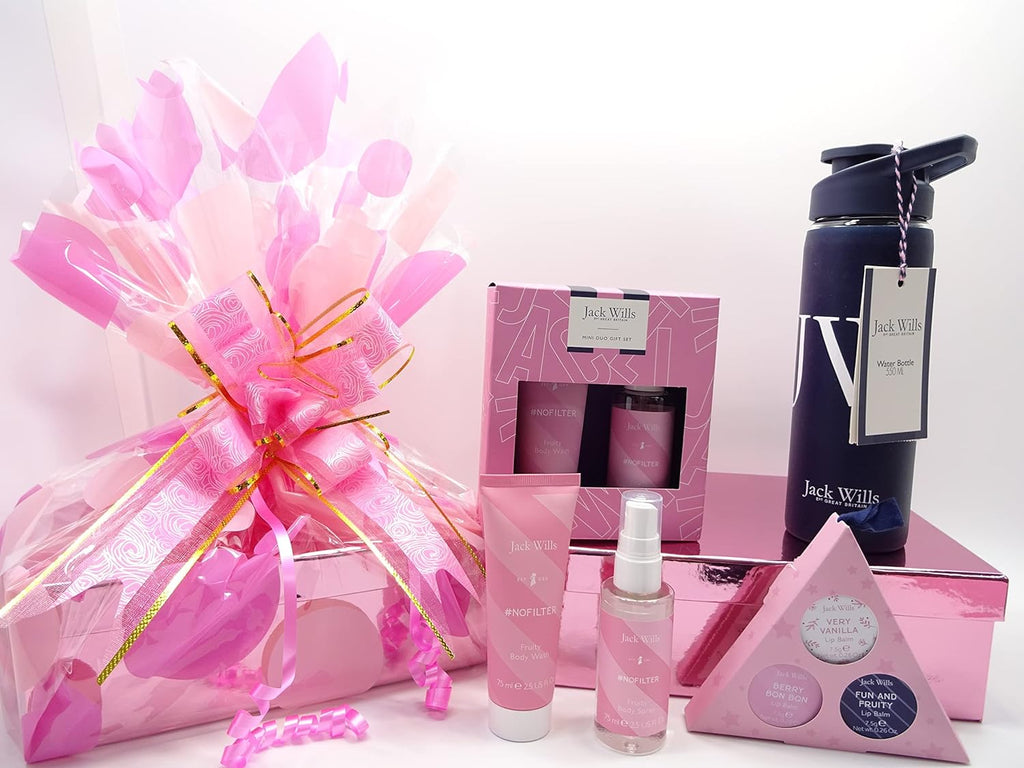 Beautifully wrapped Jack Wills gift hamper with a vibrant pink and gold ribbon, ideal for special occasions.