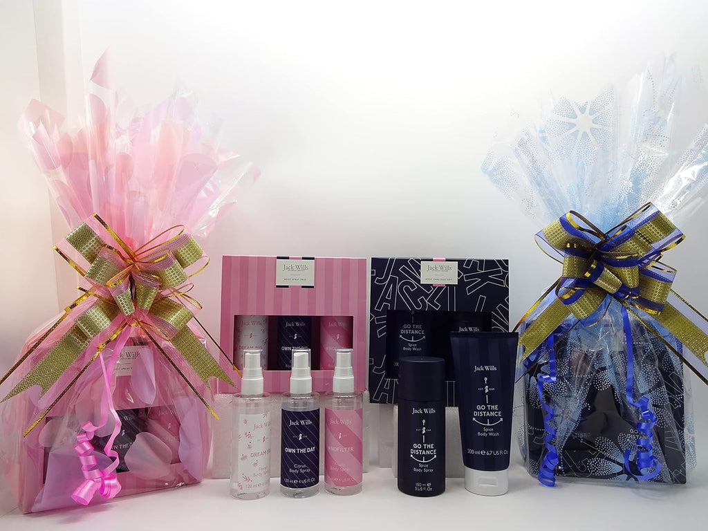 Full display of Jack Wills his and hers body spray and body care gift hampers, ready for gifting.

