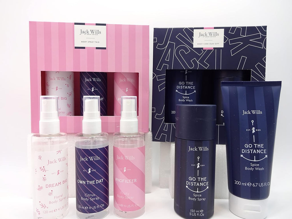 Jack Wills body spray trio and body care duo gift sets displayed together.