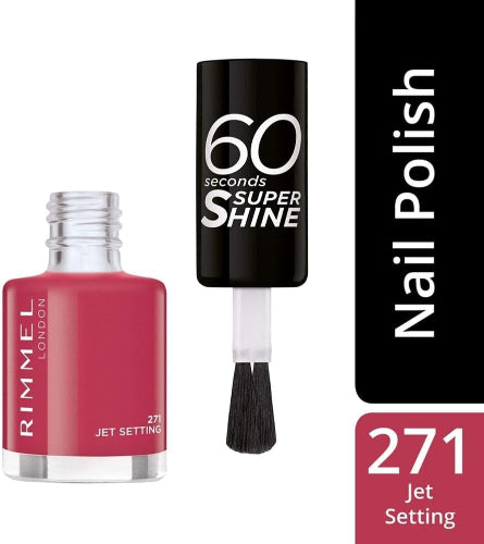 Rimmel 60 Seconds Super Shine Nail Polish shade 271 Jet Setting – vibrant raspberry pink tone in an 8ml bottle
