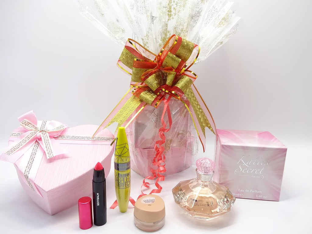 Complete Katie's Secret Perfume gift hamper including perfume, makeup, and pink gift box.