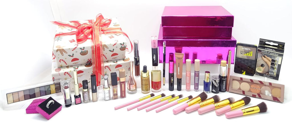 Christmas gift set featuring wrapped L'Oréal makeup products, a free crystal ring, and a 10-piece kabuki brush set