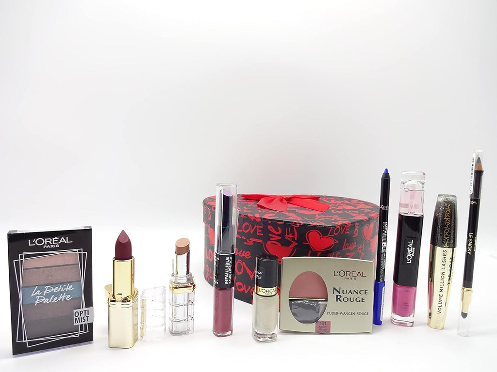 Close up of L'Oreal 10 Piece Make Up Collection, featuring heart-shaped gift box and makeup items