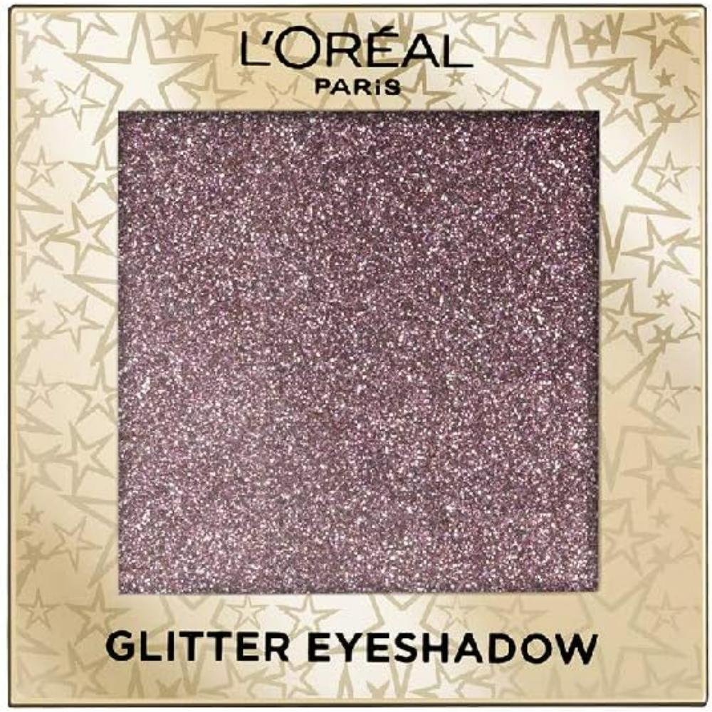 L'Oreal Paris 02 Purple Lights Glitter Eye Shadow case showing shimmering purple pigment in a starry gold packaging.