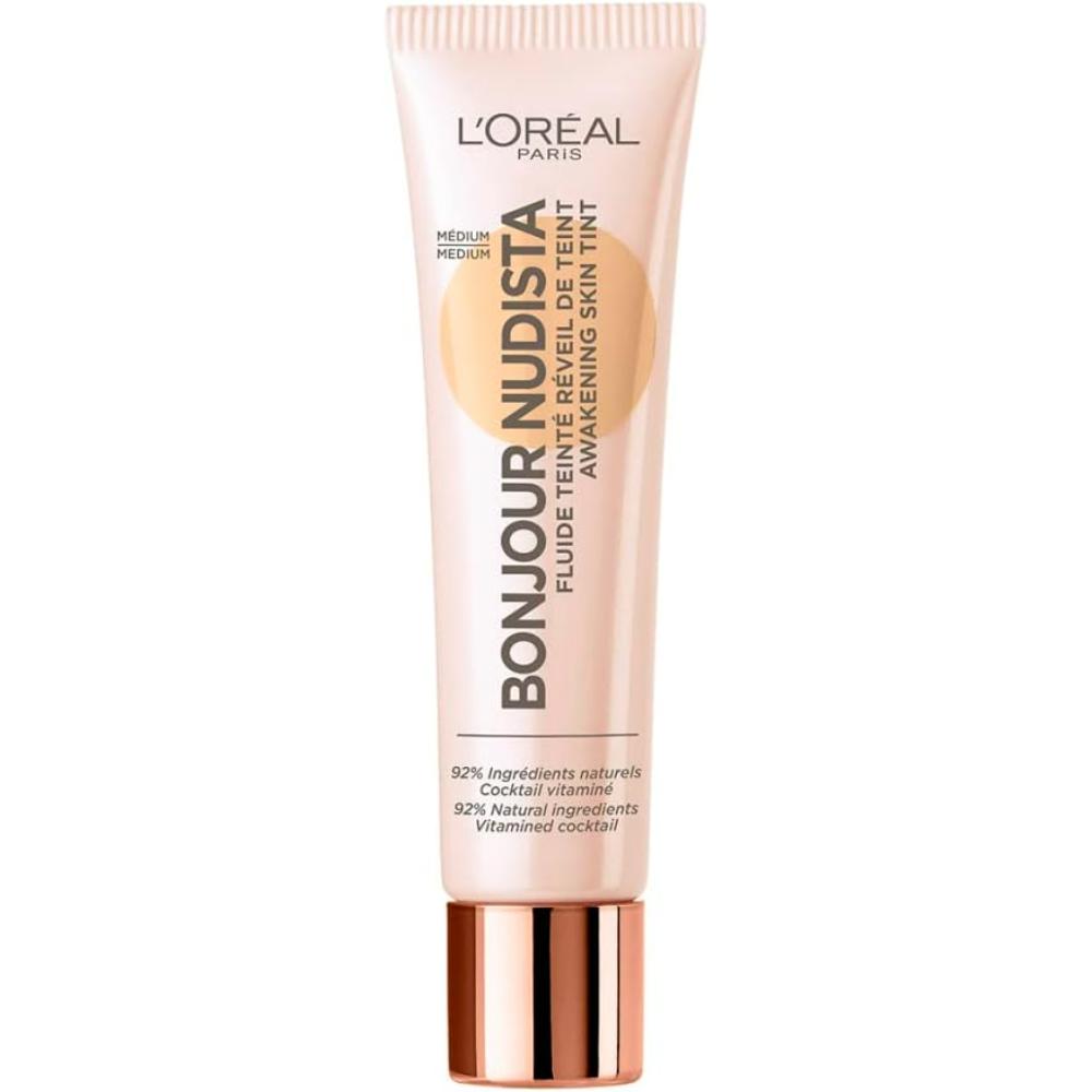 L'Oreal Paris Bonjour Nudista Skin Tint BB Cream in Medium, 30g tube enriched with a vitamin-rich formula for a glowing complexion.