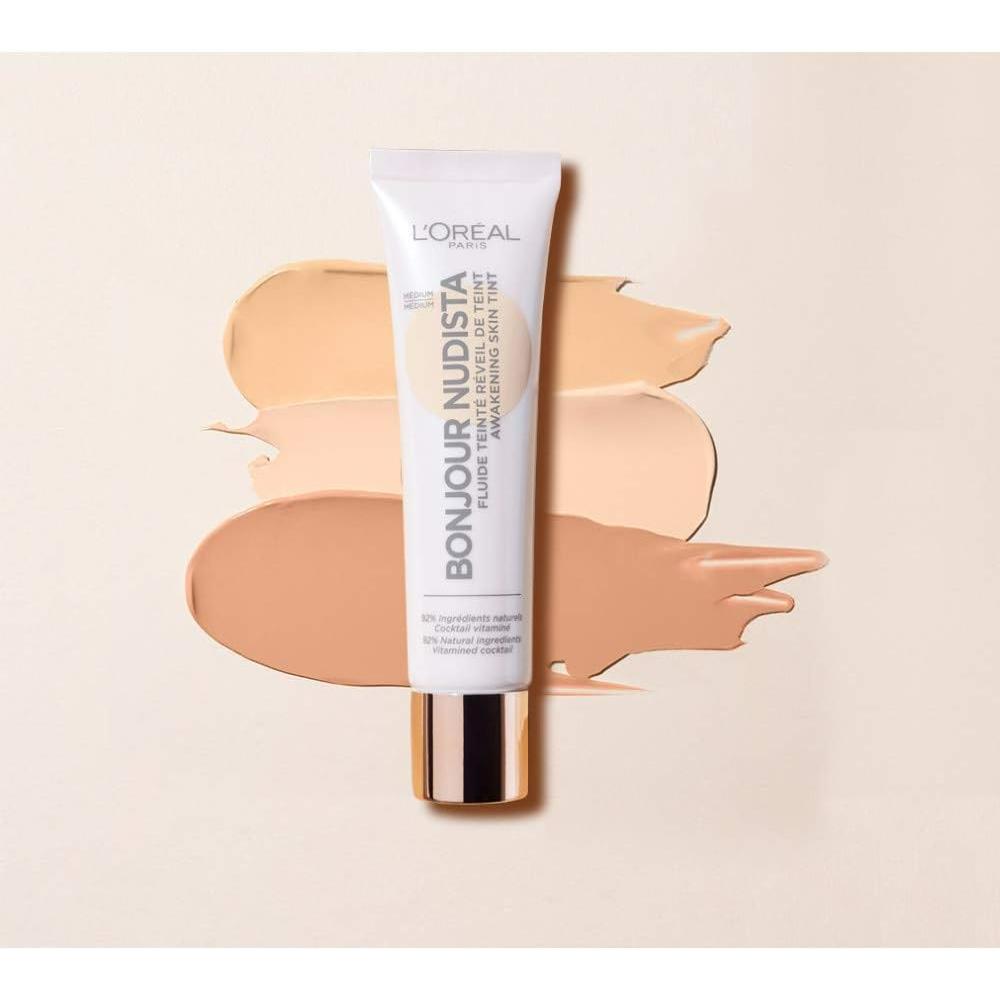 Shade swatches of L'Oreal Paris Bonjour Nudista Skin Tint BB Cream displaying the range of tones available.