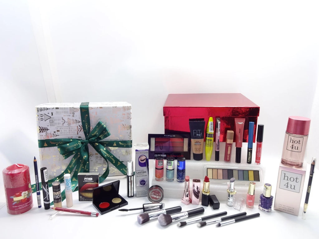 L'Oréal and Maybelline 27-piece luxury beauty gift box with cosmetics, fragrance, brushes, and festive packaging