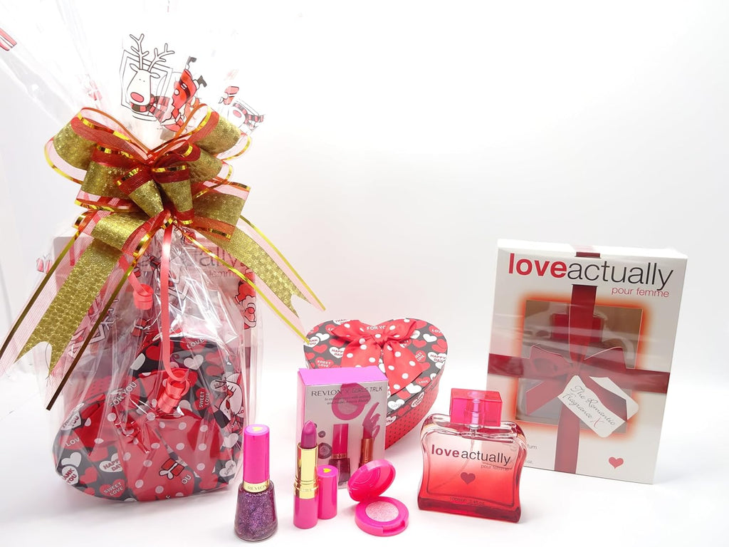 Complete Love Actually perfume and makeup gift hamper featuring perfume, makeup items, and heart-shaped gift box, all carefully wrapped.