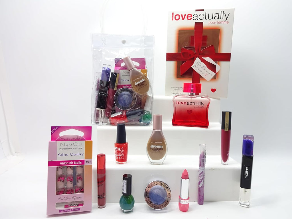 Love Actually Perfume and full makeup beauty bundle set contents laid out